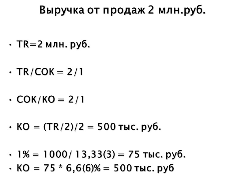 Выручка от продаж 2 млн.руб.  TR=2 млн. руб.  TR/СОК = 2/1 